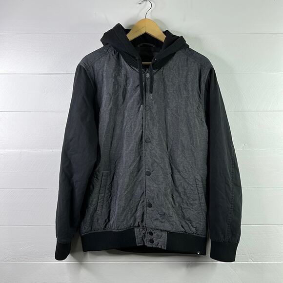 HURLEY Black Gray Polyester Cotton Snap Button Hooded Jacket Size‎ Large - Picture 1 of 10